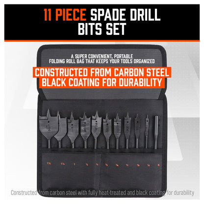 11Pc Spade Drill Bit Set & Extension Flat Wood Boring With Hex Key + Carry Pouch