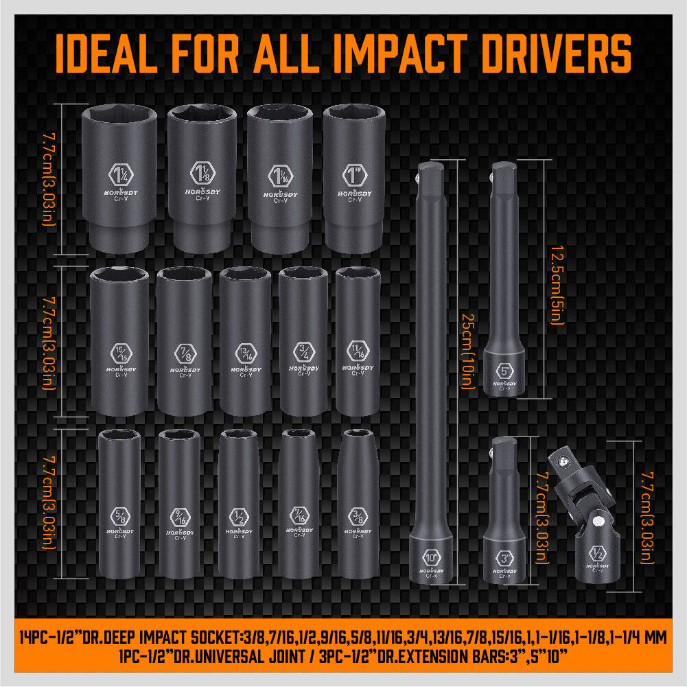 18Pc Deep Impact Socket Set Imperial / SAE Extension Flexible Adaptor 1/2" Drive