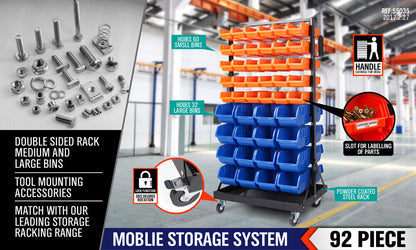 92-Piece Bin Mobile Garage Storage Bin Rack Heavy-Duty Tool Organizer with Swivel Wheels