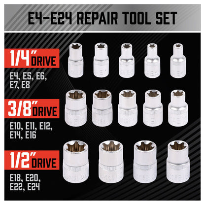 14Pc E Torx Socket Set Female Start Bit External Hex Torque E4-E24 With Case