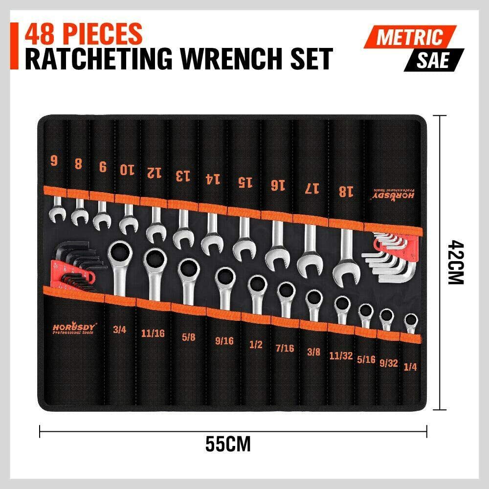 48Pc Spanner Set Ratchet Wrench & Hex Key Metric SAE Allen Key W/T Rolling Pouch