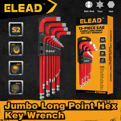 ELEAD 13Pc Extra Large Hex Key Set Long Allen Key Wrench Ball End SAE 5/64"-3/4