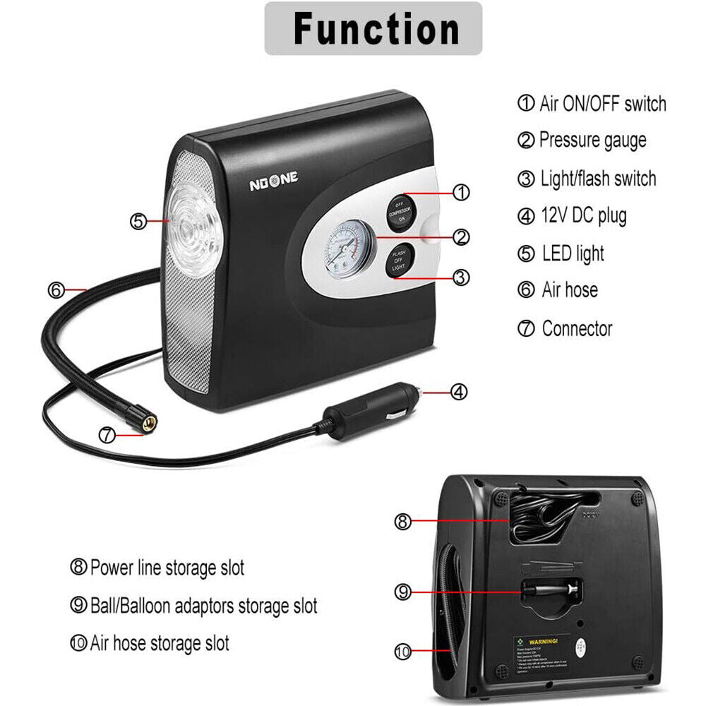 NOONE 3 IN 1 Air Compressor Tire Inflator 12V Portable Car Tire Inflator Pump