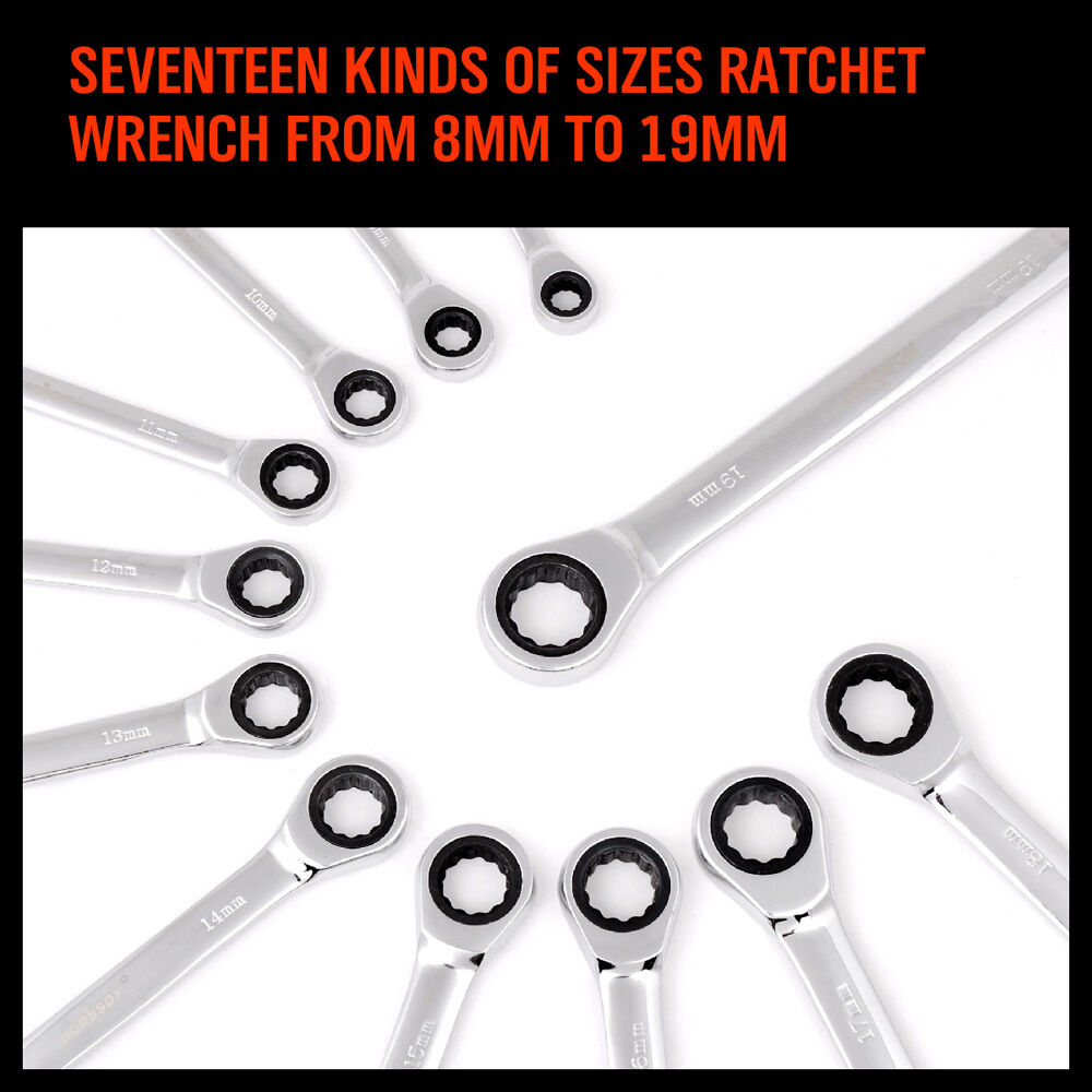 12Pc Ratchet Spanner Set Metric Open & Ring Wrenches 8-19mm CR-V + Rolling Bag