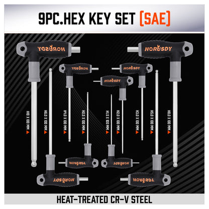 18-Piece T-Handle Hex Key Set, SAE/Imperial & Metric Sizes Allen Wrench Set Long Arm with Ball End