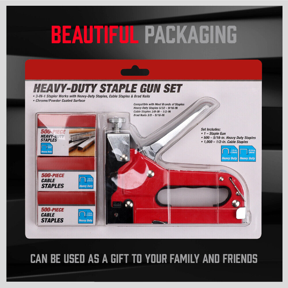 Heavy Duty Staple Gun Set 2in1 Stapler 1500Pc Staples Tacker Hand Fastener Tool