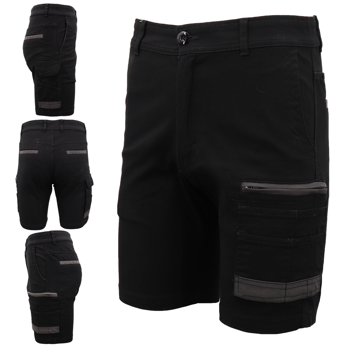 Mens Cargo Cotton Drill Work Shorts UPF 50+ 13 Pockets Tradies Workwear Trousers, Black, 32