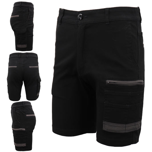 Mens Cargo Cotton Drill Work Shorts UPF 50+ 13 Pockets Tradies Workwear Trousers, Black, 36