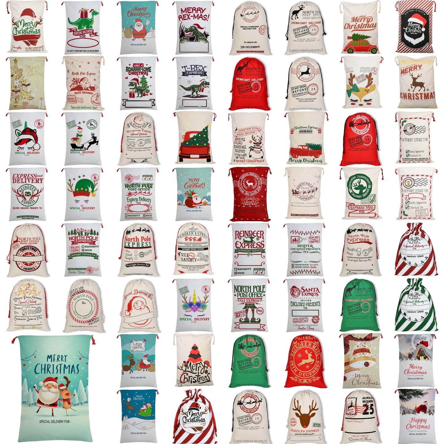 50x70cm Canvas Hessian Christmas Santa Sack Xmas Stocking Reindeer Kids Gift Bag, Cream - Van Delivery