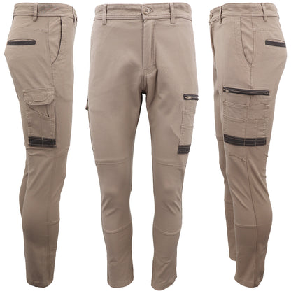 Men's Cotton Drill Cargo Work Pants UPF 50+ 13 Pockets Tradies Workwear Trousers, Khaki, 28