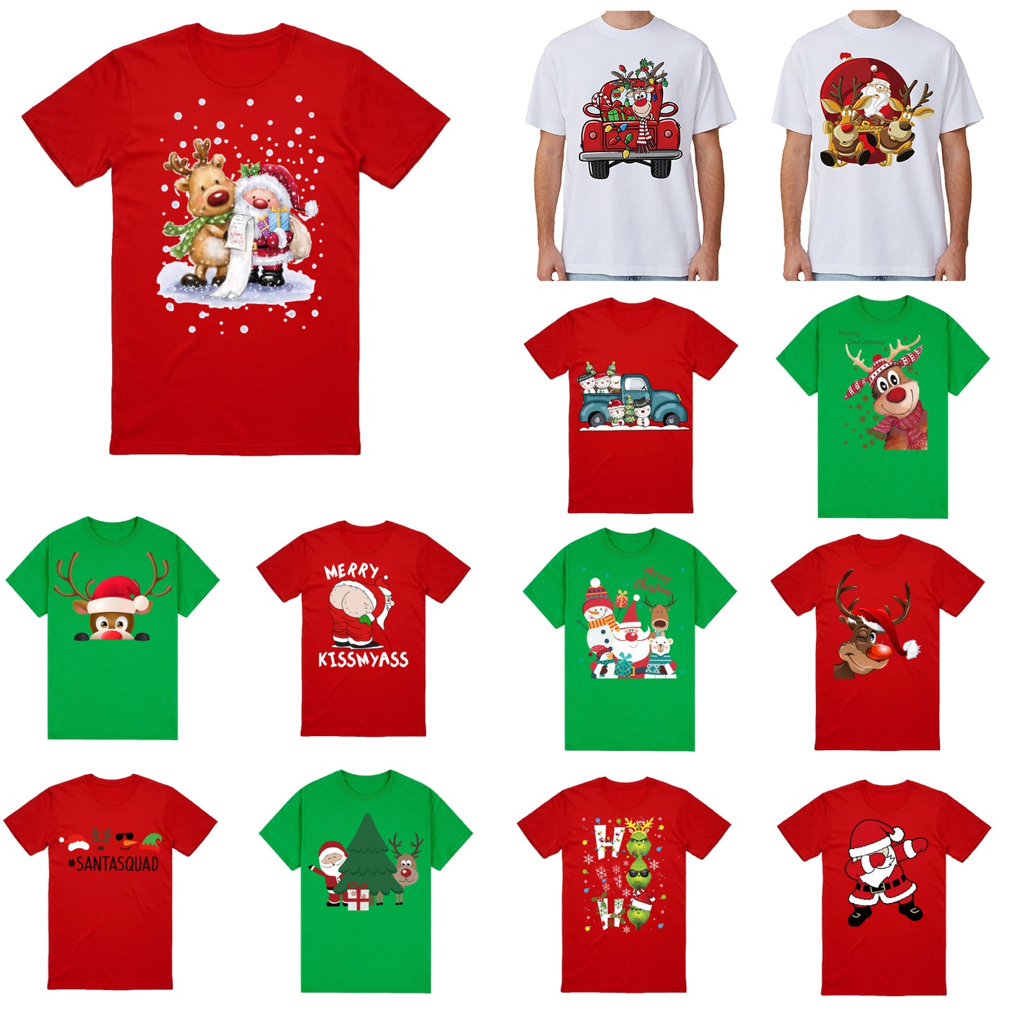 100% Cotton Christmas T-shirt Adult Unisex Tee Tops Funny Santa Party Custume, Merry Kissmyass (White), 2XL