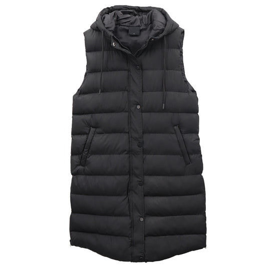 Women's Longline Padded Vest Hooded Jacket Puffer Puffy Quilted Zip Coat Gilet, Black, 8