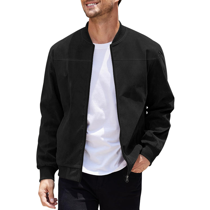 Men's Varsity Bomber Flight Jacket Breathable Windbreaker Zip Coat Faux Leather, Black, L