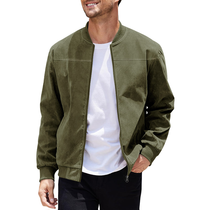 Men's Varsity Bomber Flight Jacket Breathable Windbreaker Zip Coat Faux Leather, Green, L