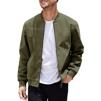 Men's Varsity Bomber Flight Jacket Breathable Windbreaker Zip Coat Faux Leather, Green, L