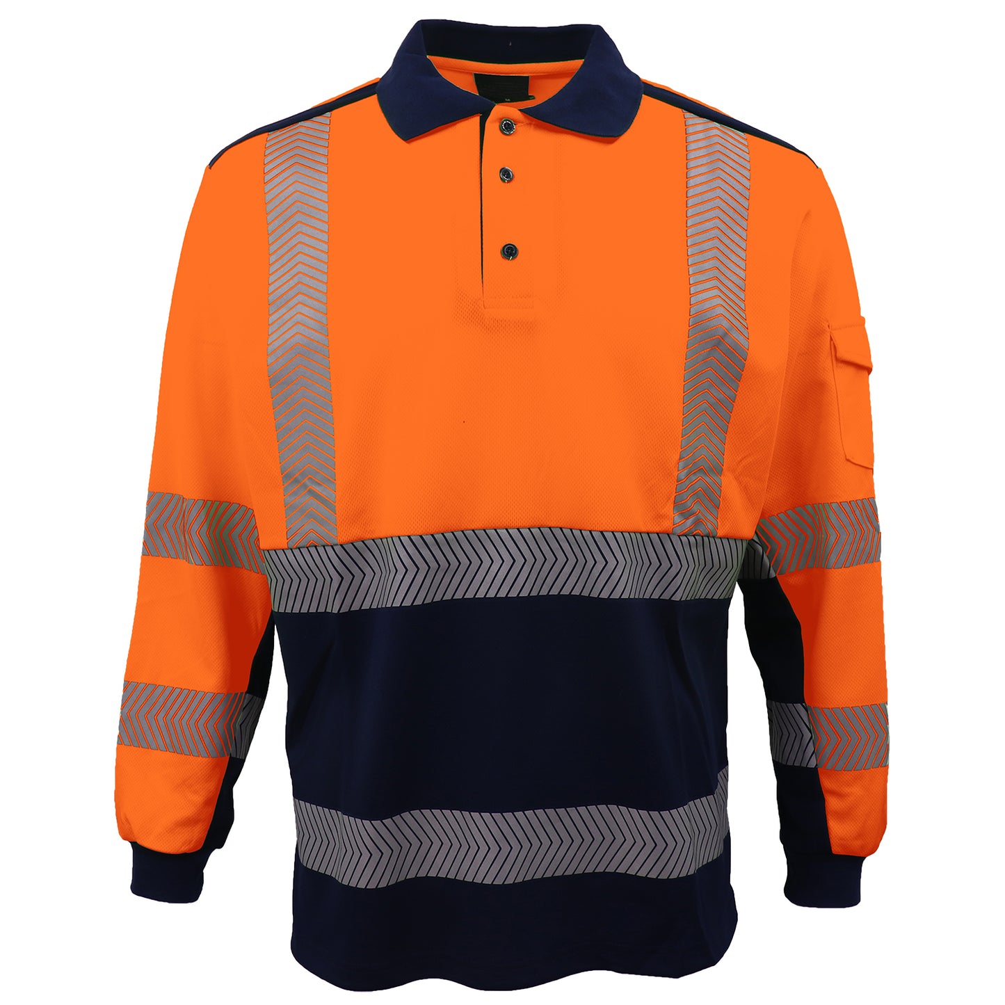 HI VIS Long Sleeve Polo Shirt Reflective Tape Safety Tradie Work Wear Tops Tee, Fluro Orange / Navy, XL