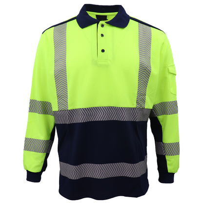 HI VIS Long Sleeve Polo Shirt Reflective Tape Safety Tradie Work Wear Tops Tee, Fluro Yellow / Navy, S