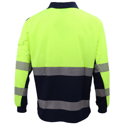 HI VIS Long Sleeve Polo Shirt Reflective Tape Safety Tradie Work Wear Tops Tee, Fluro Yellow / Navy, S