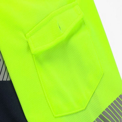 HI VIS Long Sleeve Polo Shirt Reflective Tape Safety Tradie Work Wear Tops Tee, Fluro Yellow / Navy, S