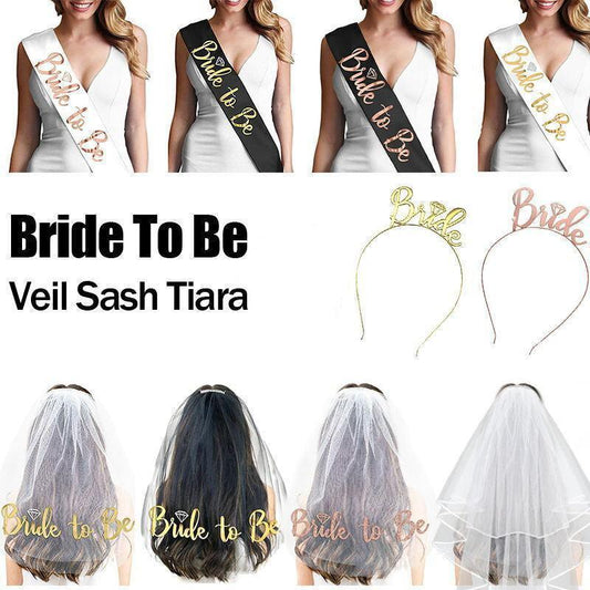 Bride To Be Hen Veil Sash Tiara Hens Night Bridal Shower Kitchen Tea Accessories - Gold Tiara