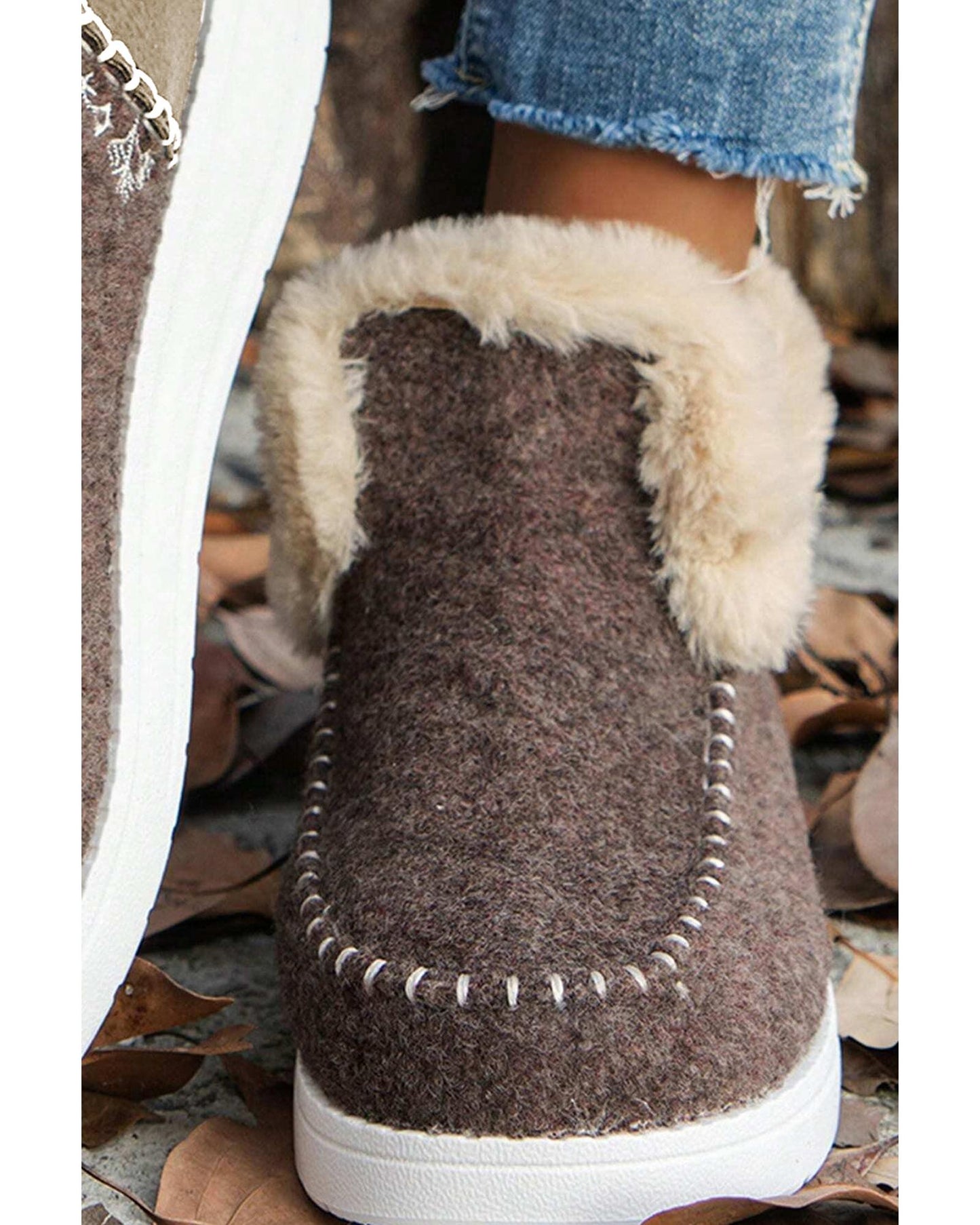 Coffee Suede Stitching Patchwork Plush Lined Anklet Boots - 37 EU