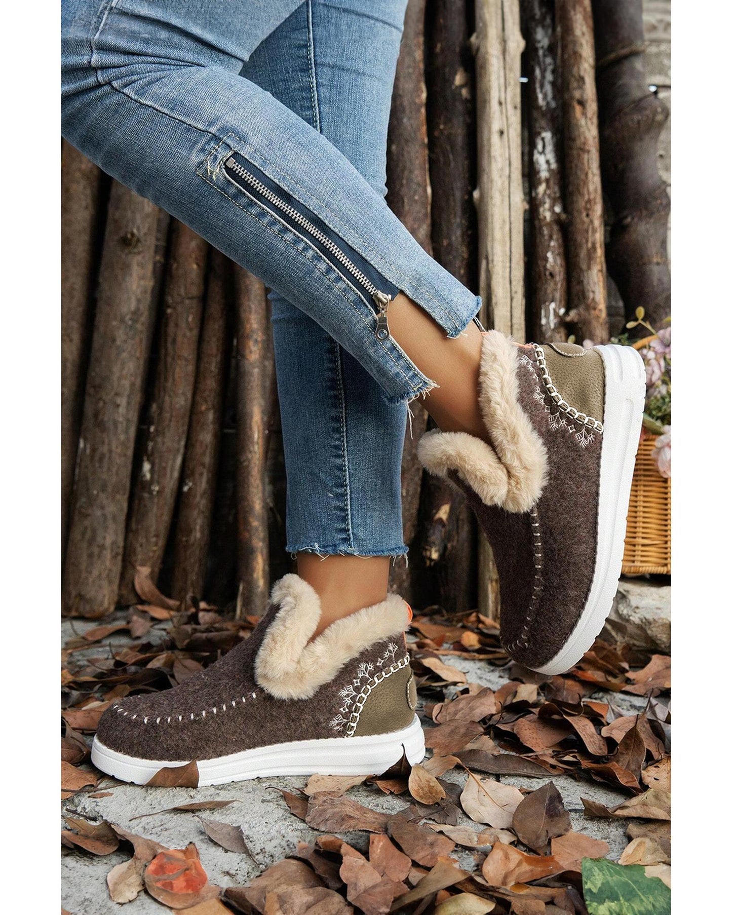 Coffee Suede Stitching Patchwork Plush Lined Anklet Boots - 37 EU