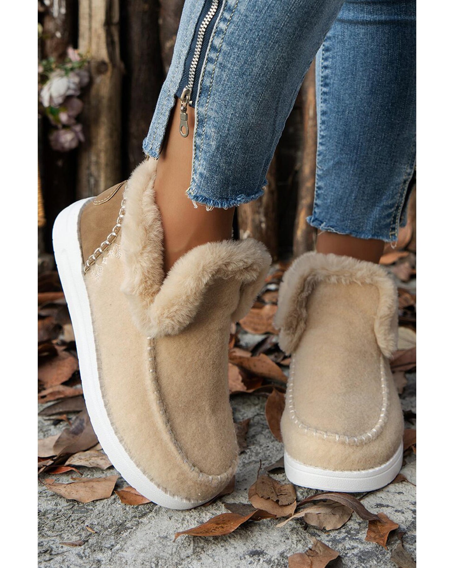 Beige Suede Stitching Patchwork Plush Lined Anklet Boots - 37 EU