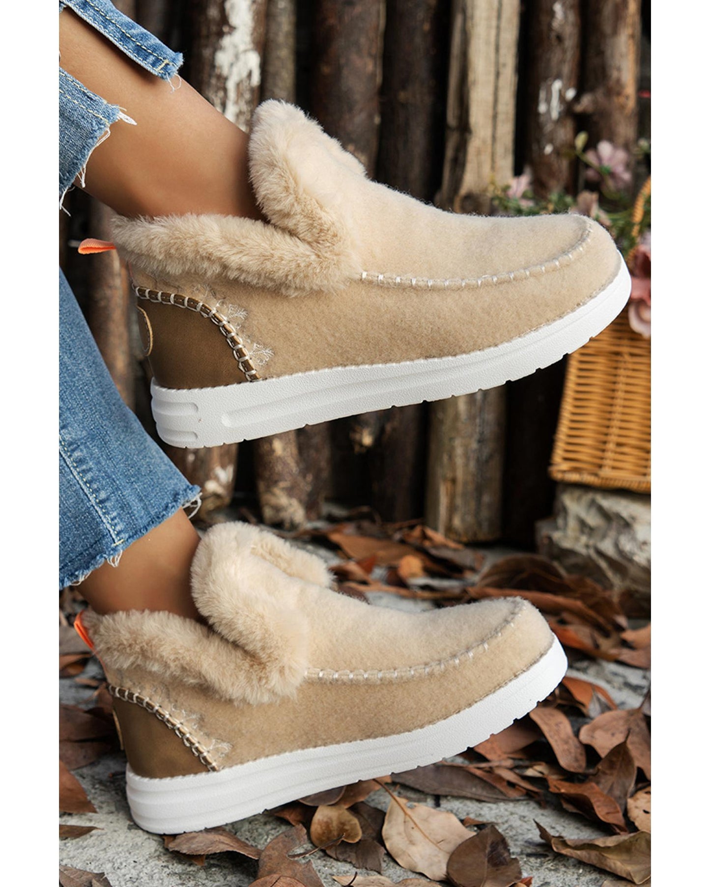 Beige Suede Stitching Patchwork Plush Lined Anklet Boots - 37 EU