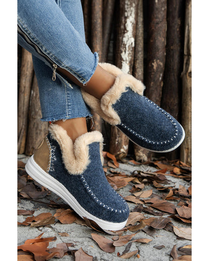 Blue Suede Stitching Patchwork Plush Lined Anklet Boots - 42 EU