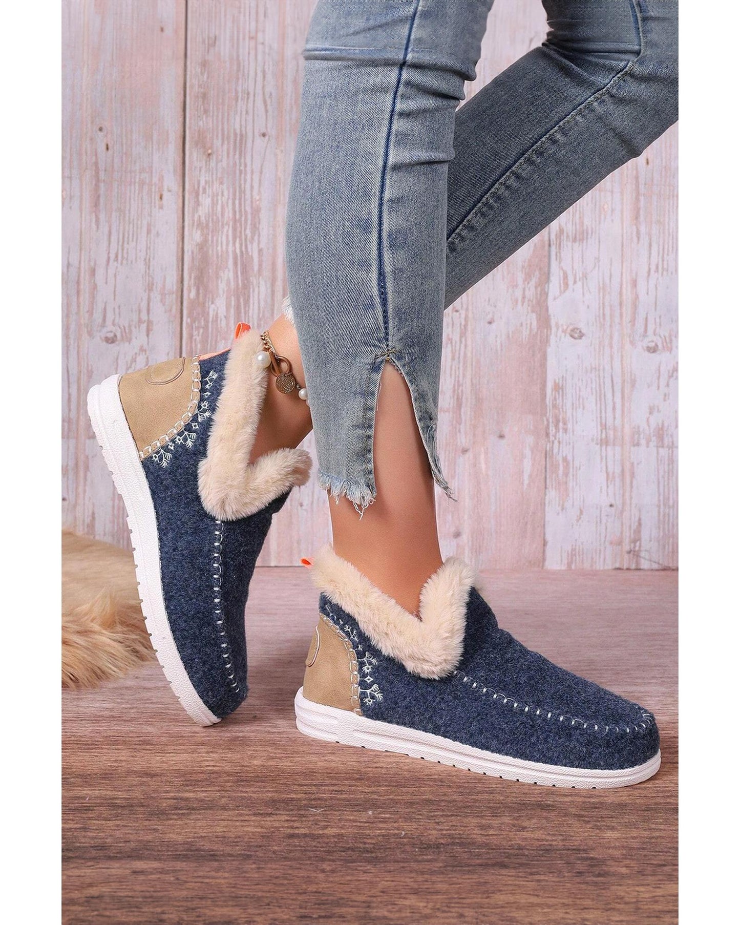 Blue Suede Stitching Patchwork Plush Lined Anklet Boots - 42 EU