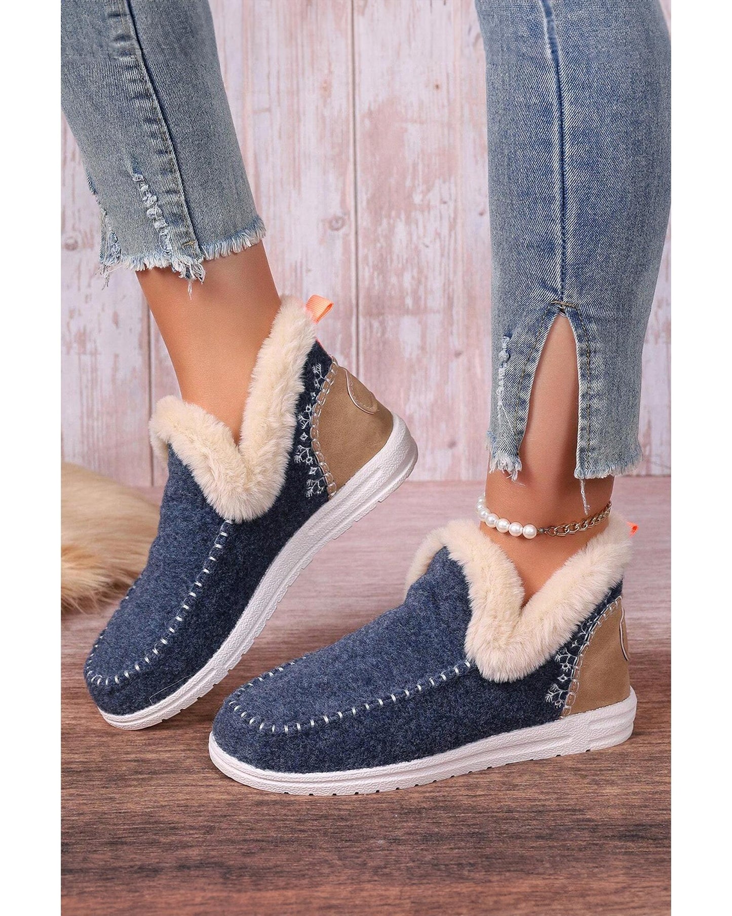 Blue Suede Stitching Patchwork Plush Lined Anklet Boots - 42 EU