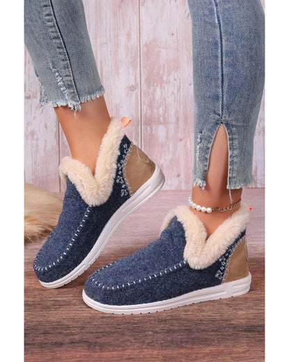 Blue Suede Stitching Patchwork Plush Lined Anklet Boots - 42 EU