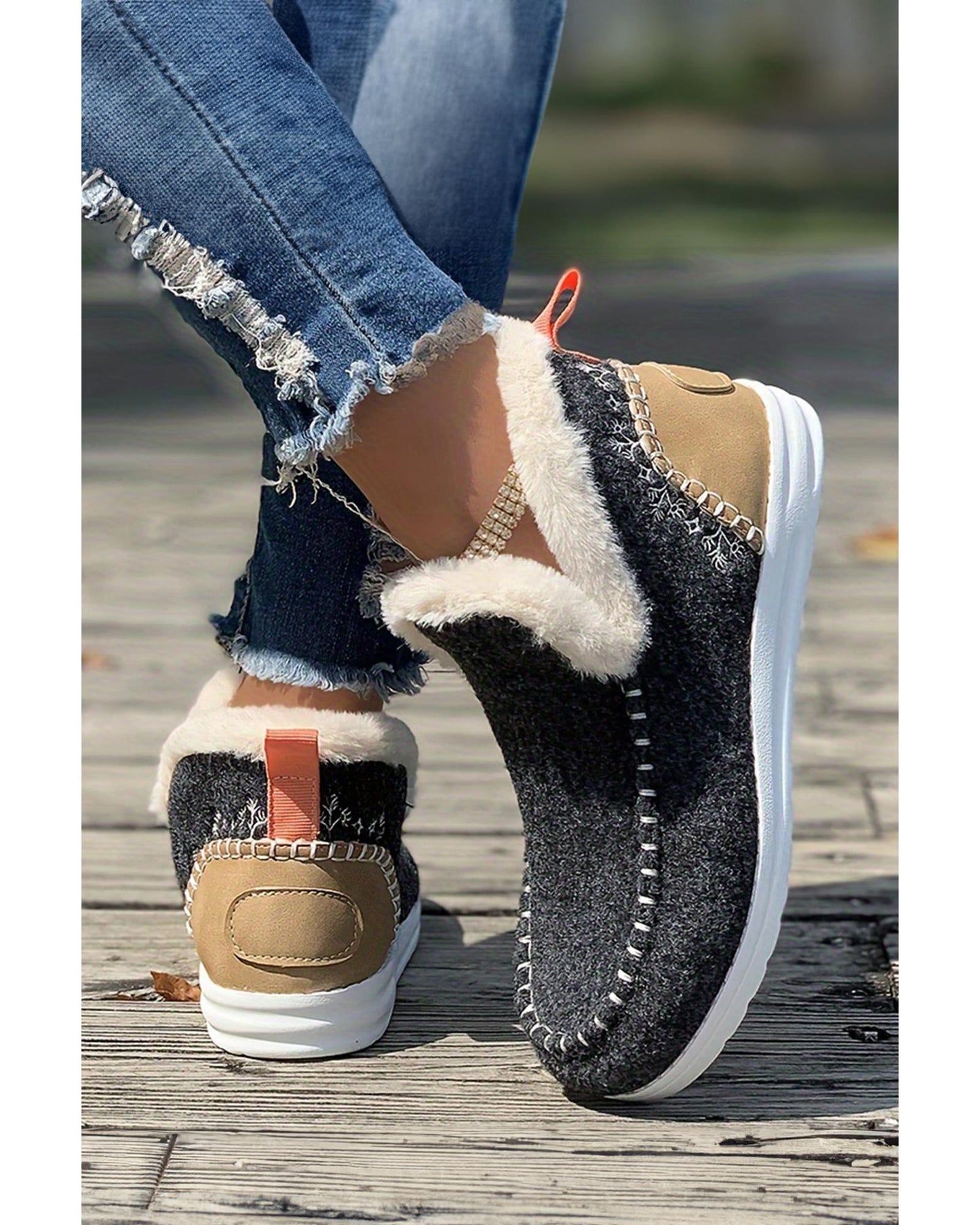 Carbon Grey Suede Stitching Patchwork Plush Lined Anklet Boots - 38 EU