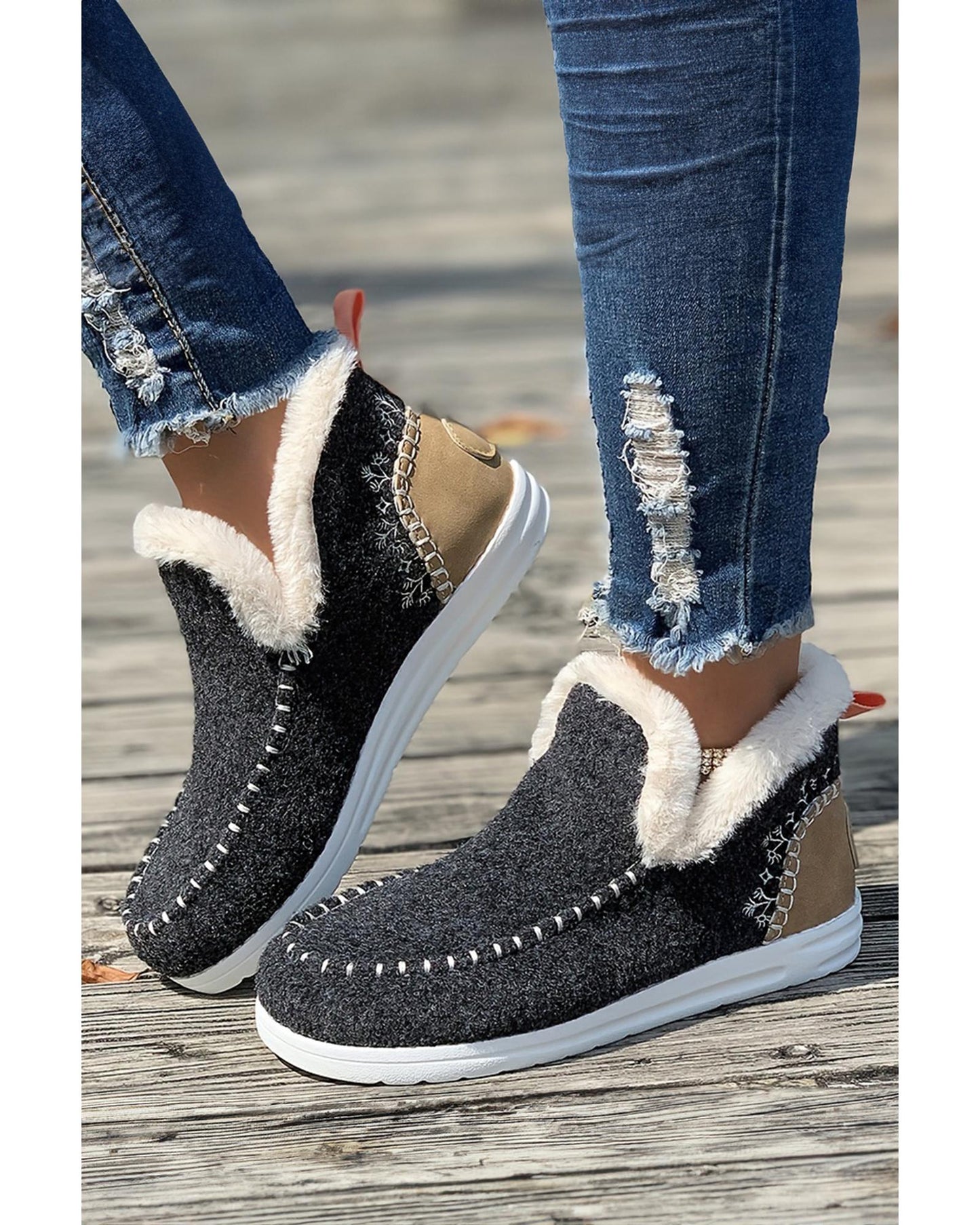 Carbon Grey Suede Stitching Patchwork Plush Lined Anklet Boots - 38 EU