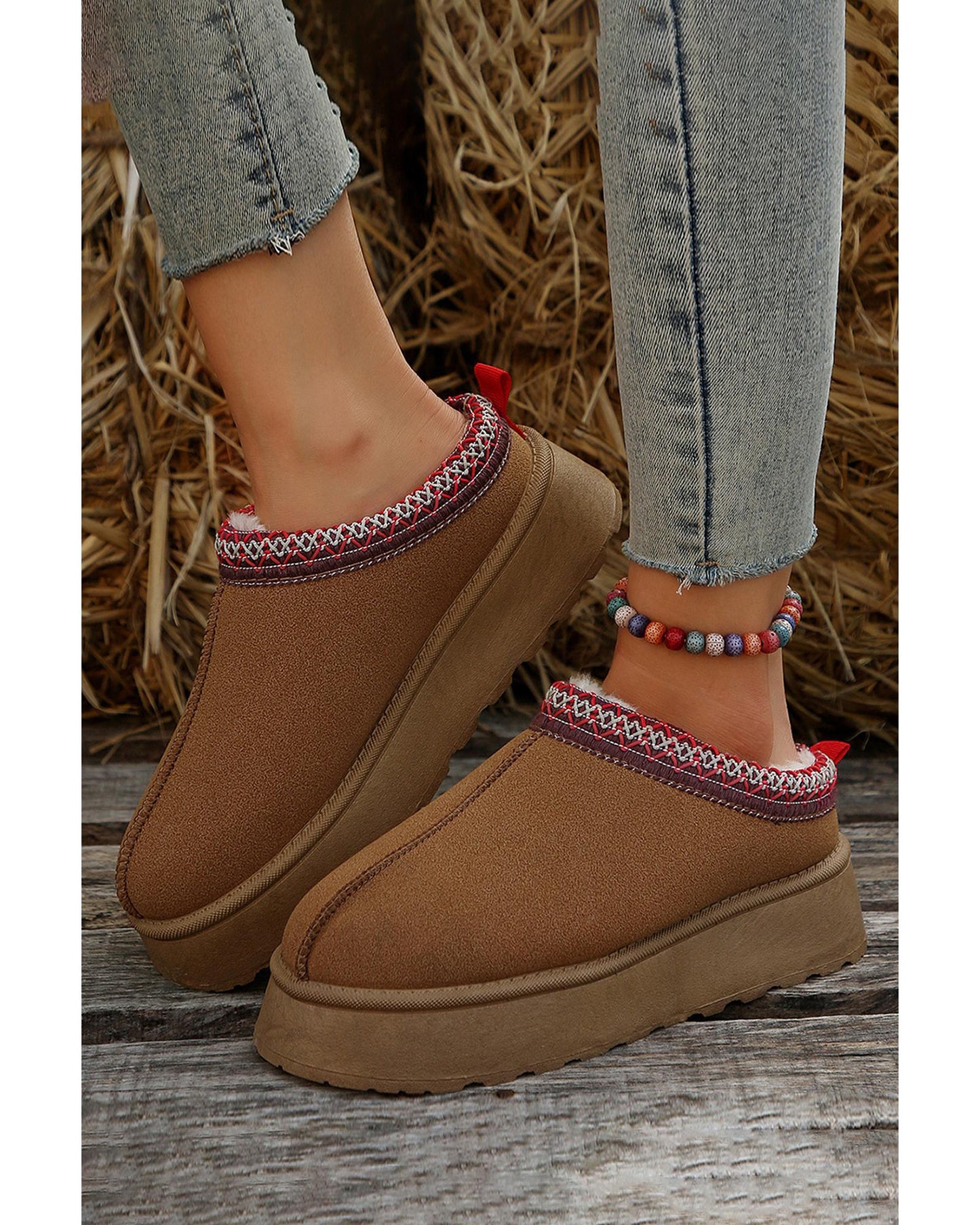 Chestnut Suede Contrast Print Round Toe Plush Lined Flats - 37 EU