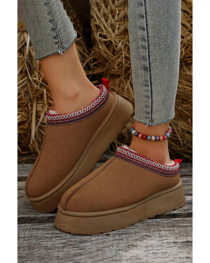 Chestnut Suede Contrast Print Round Toe Plush Lined Flats - 37 EU