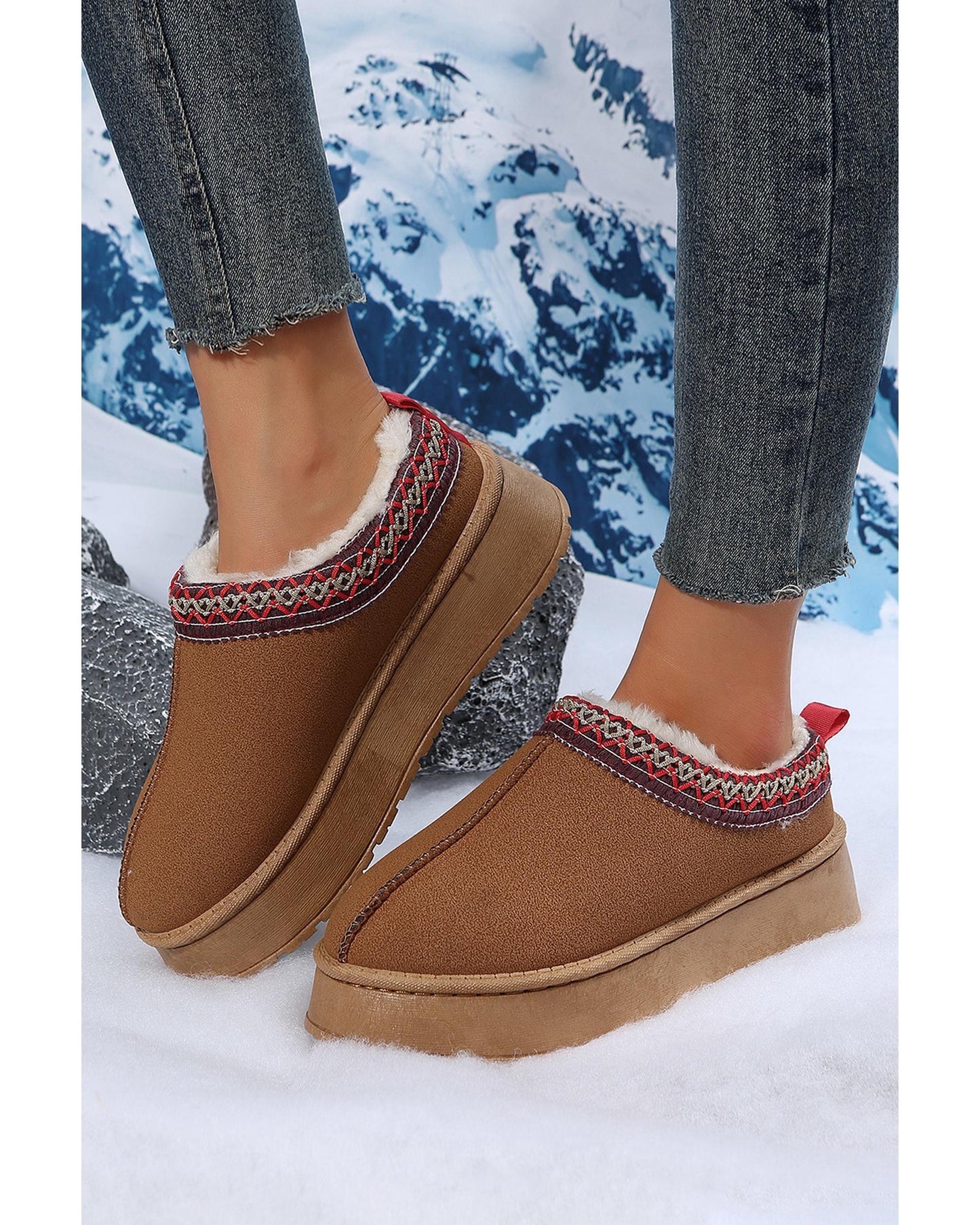 Chestnut Suede Contrast Print Round Toe Plush Lined Flats - 37 EU