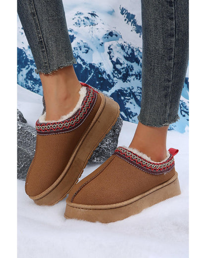 Chestnut Suede Contrast Print Round Toe Plush Lined Flats - 37 EU