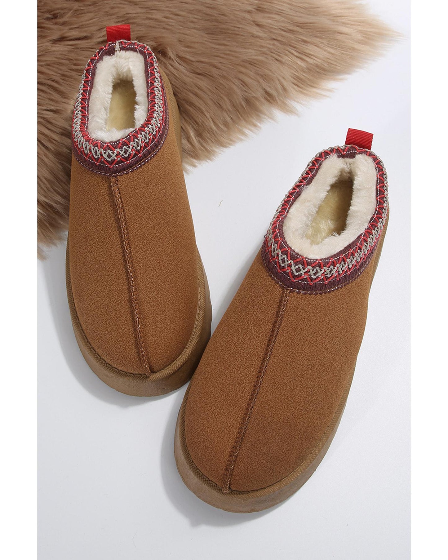Chestnut Suede Contrast Print Round Toe Plush Lined Flats - 37 EU