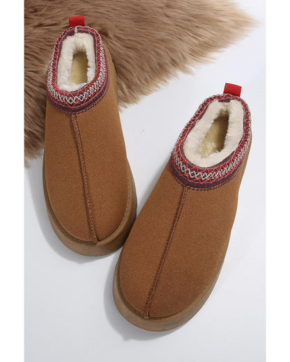 Chestnut Suede Contrast Print Round Toe Plush Lined Flats - 37 EU