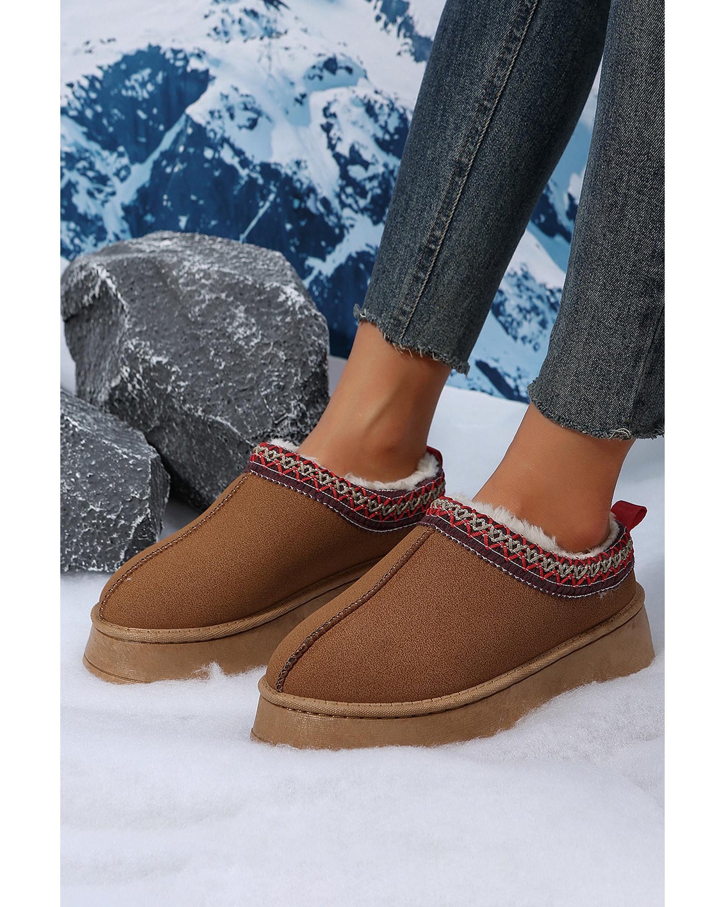 Chestnut Suede Contrast Print Round Toe Plush Lined Flats - 37 EU