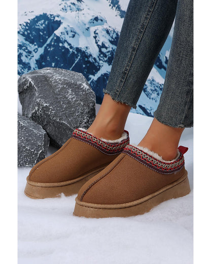 Chestnut Suede Contrast Print Round Toe Plush Lined Flats - 37 EU