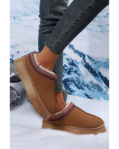 Chestnut Suede Contrast Print Round Toe Plush Lined Flats - 37 EU