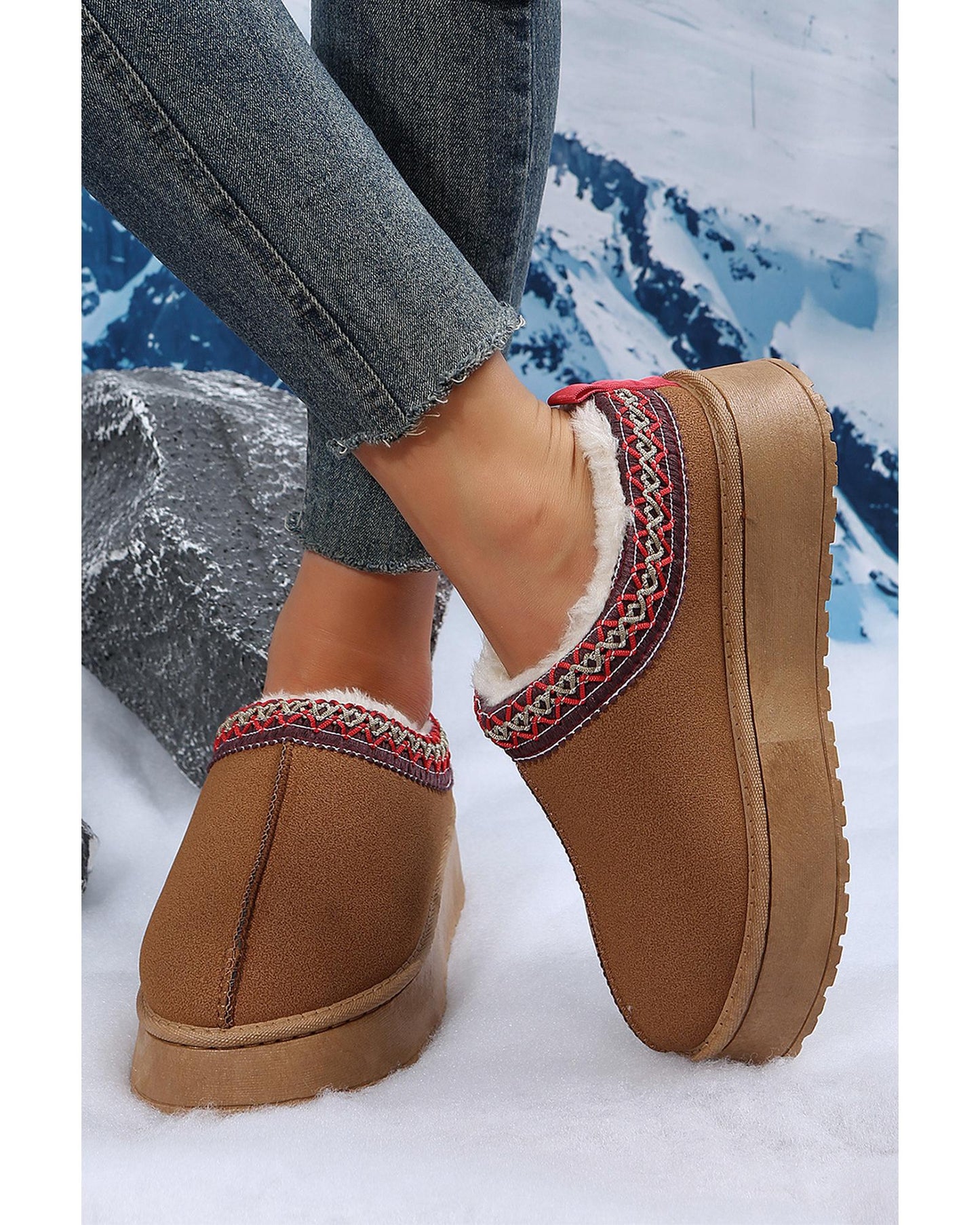 Chestnut Suede Contrast Print Round Toe Plush Lined Flats - 37 EU