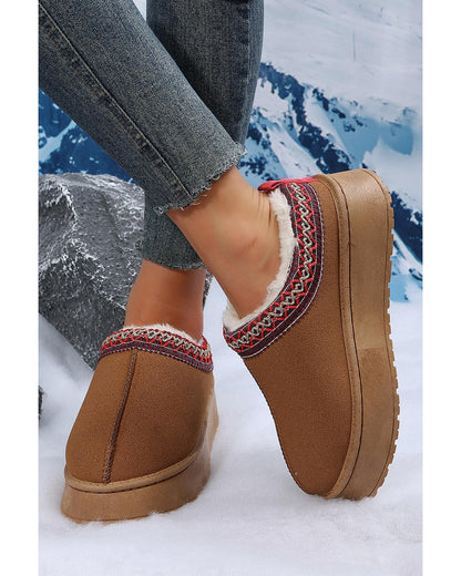 Chestnut Suede Contrast Print Round Toe Plush Lined Flats - 37 EU