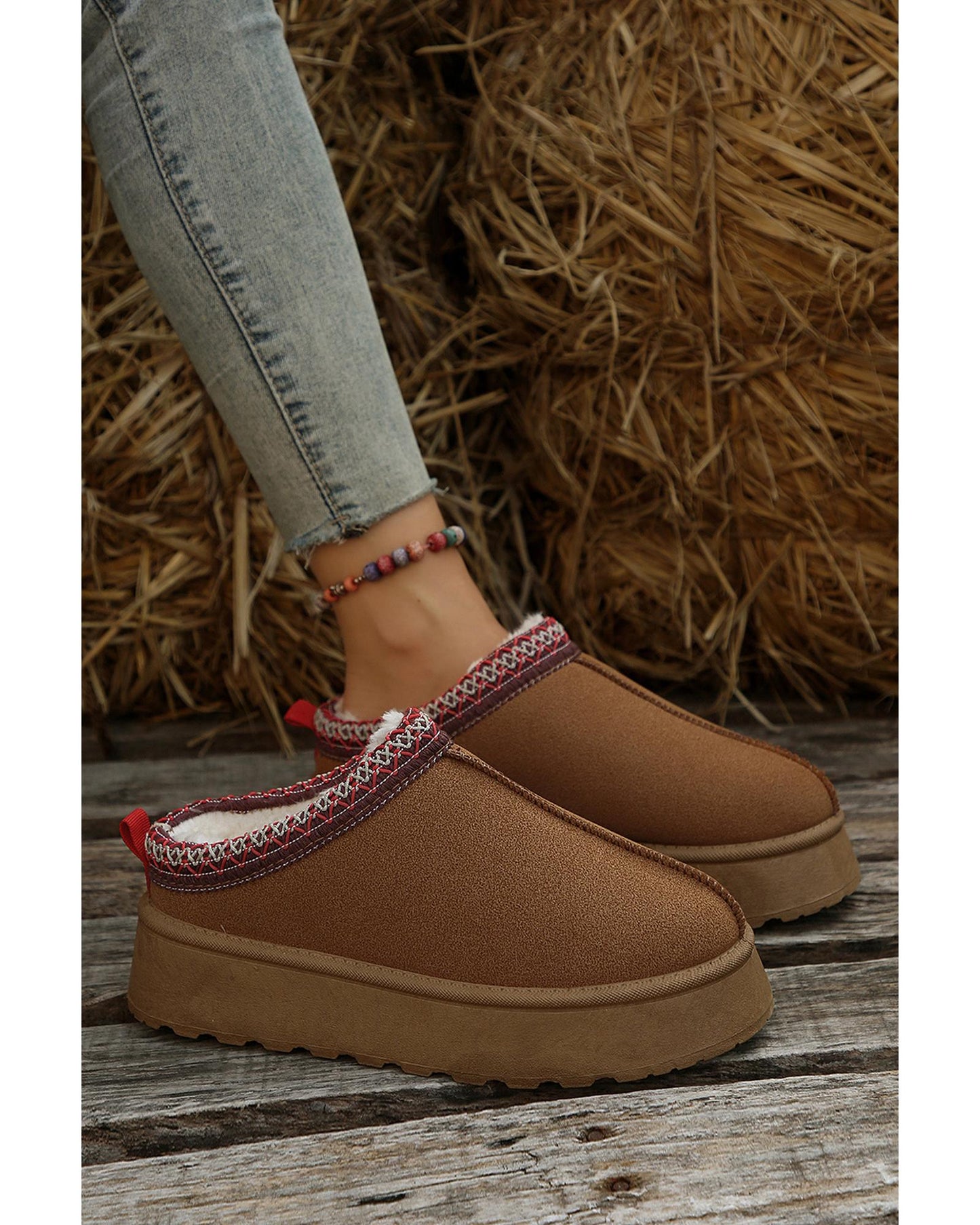 Chestnut Suede Contrast Print Round Toe Plush Lined Flats - 37 EU