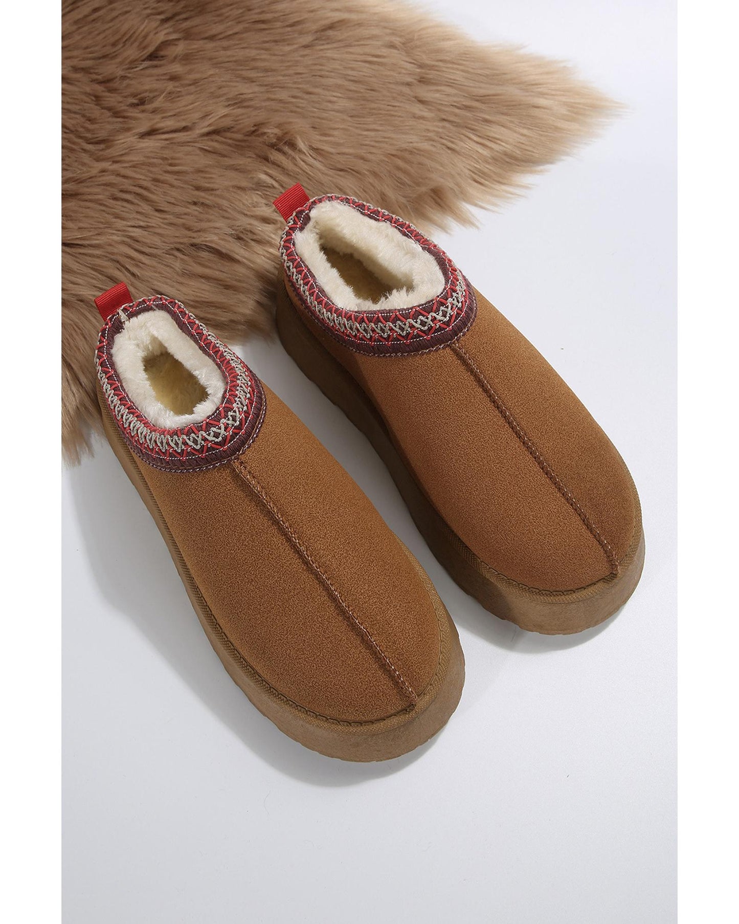 Chestnut Suede Contrast Print Round Toe Plush Lined Flats - 37 EU