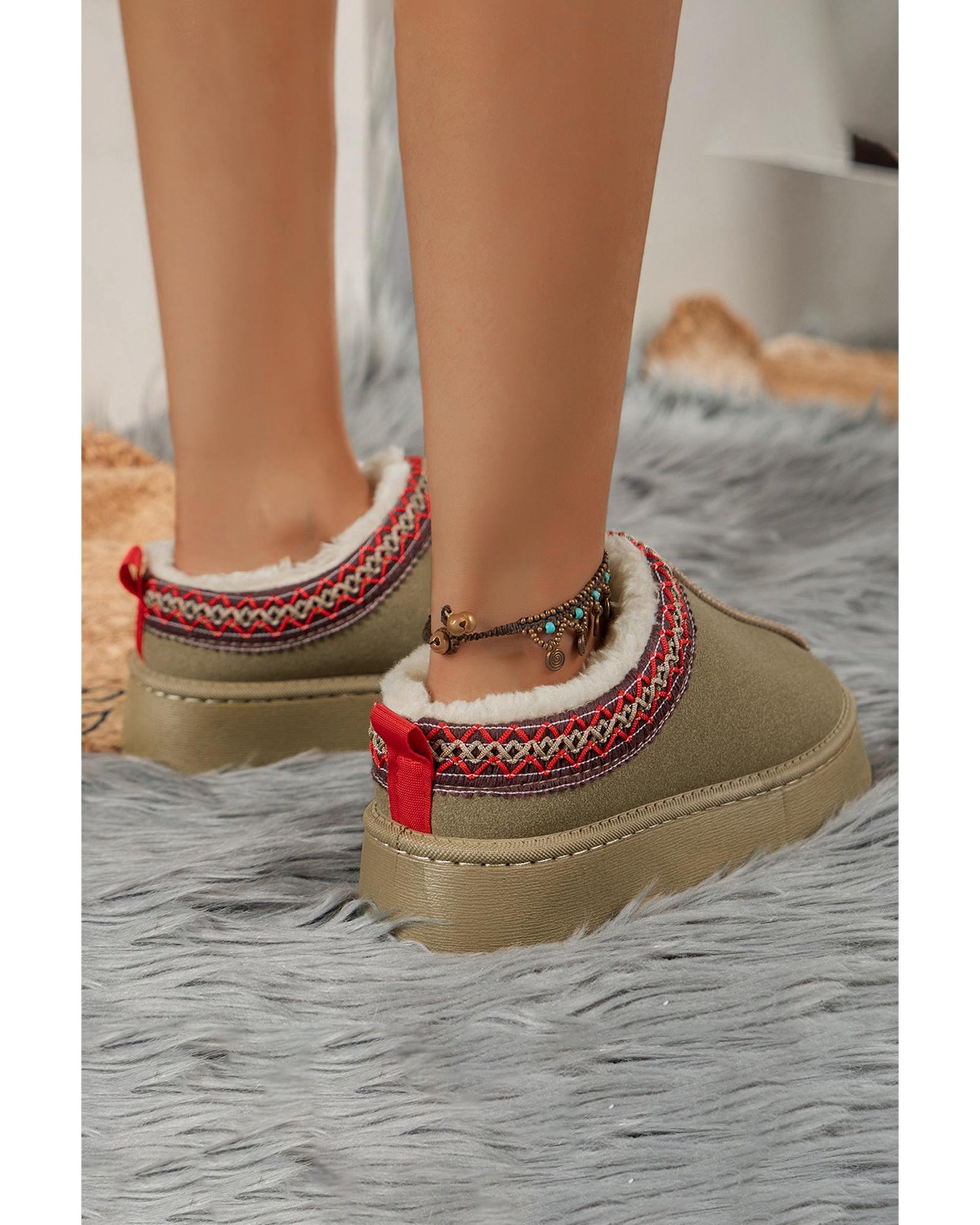 Sage Green Suede Contrast Print Round Toe Plush Lined Flats - 39 EU