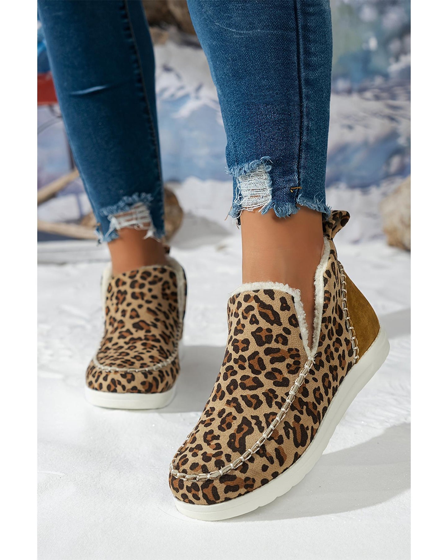 Brown Leopard Print Ankle Patched Flat Winter Fur Boots - 37 EU