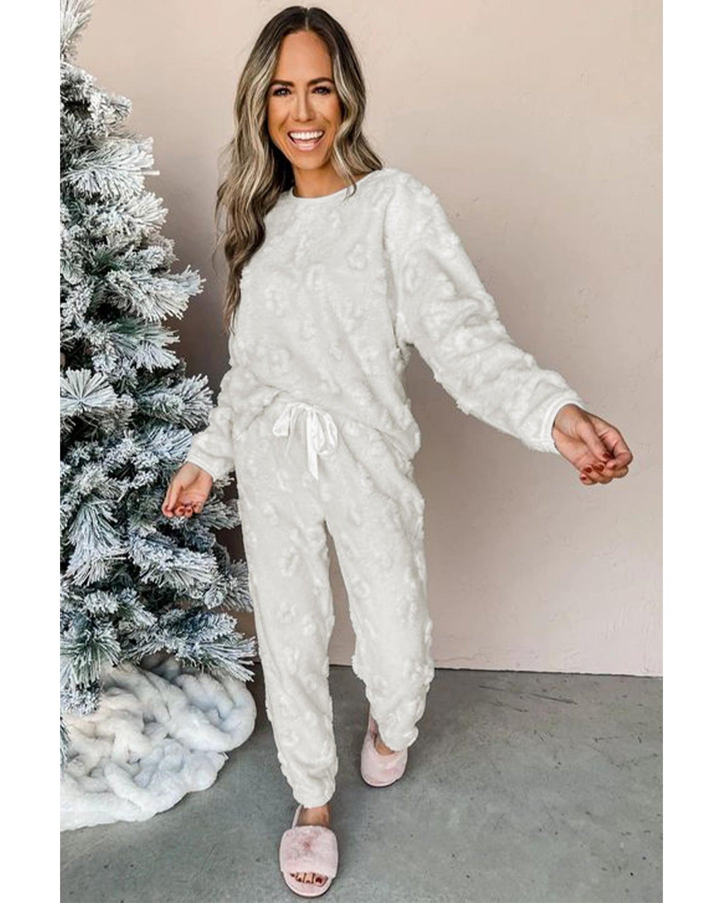 Light Grey Leopard Textured Loose Fit Fleece Lounge Set - S